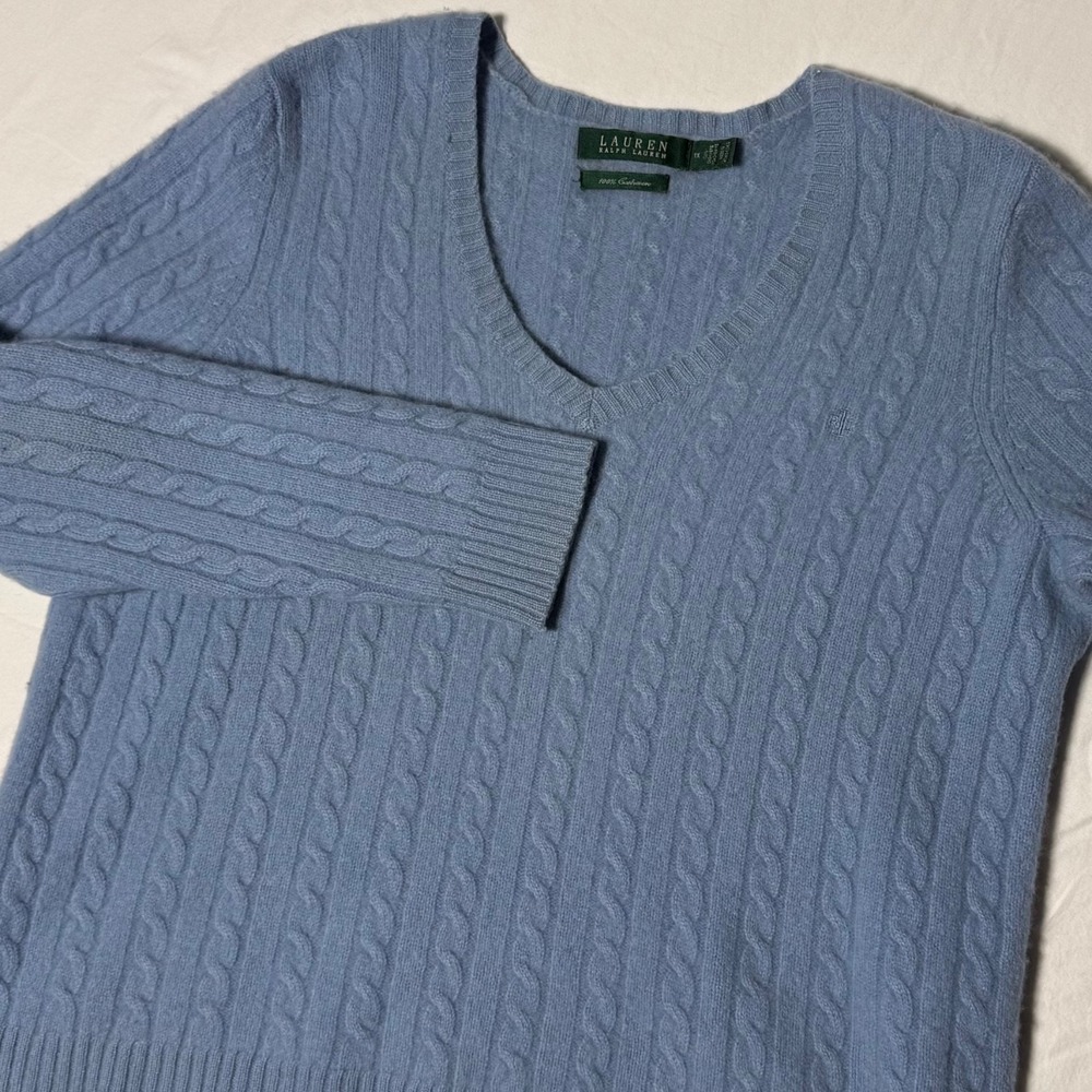 Lauren Ralph Lauren Vintage Blue 100% Cashmere Cable Knit V-Neck Sweater 1X